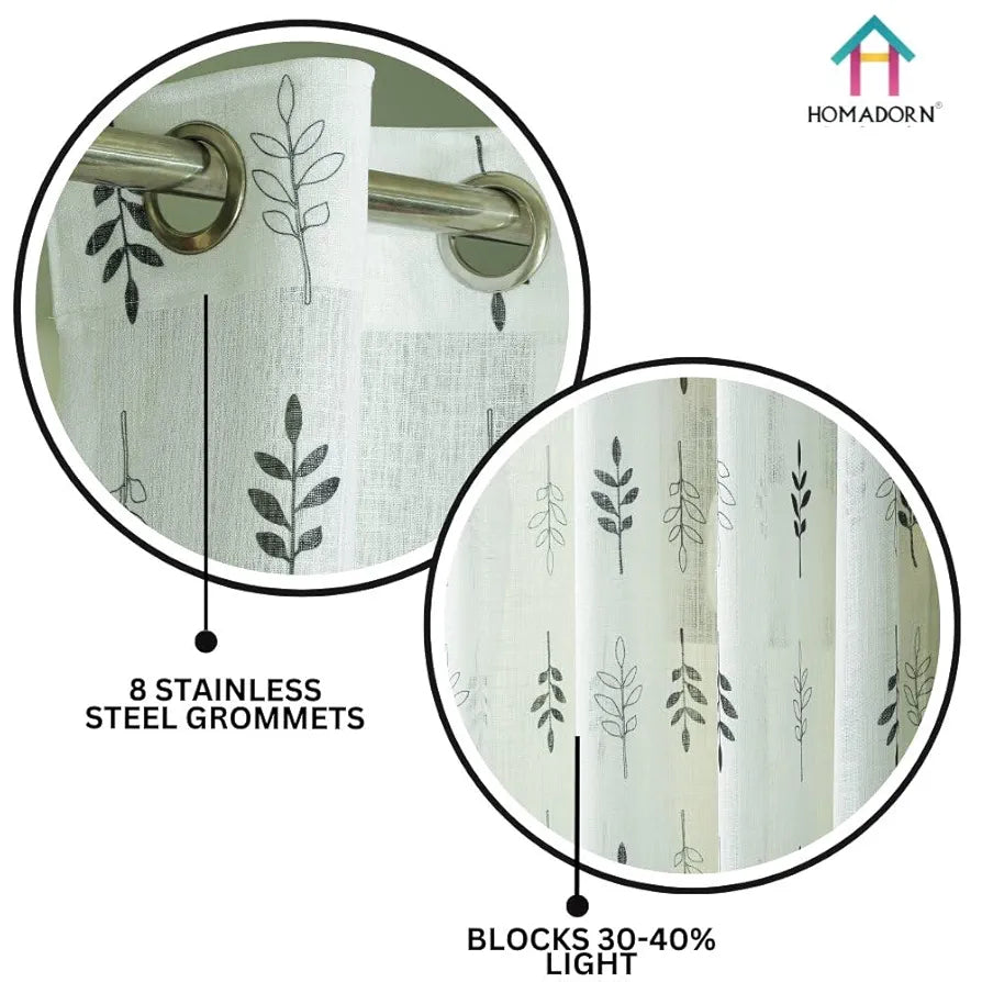 Homadorn Linen Sheer Printed Semi Transparent Curtains for Window Set of 2 Black Foliate
