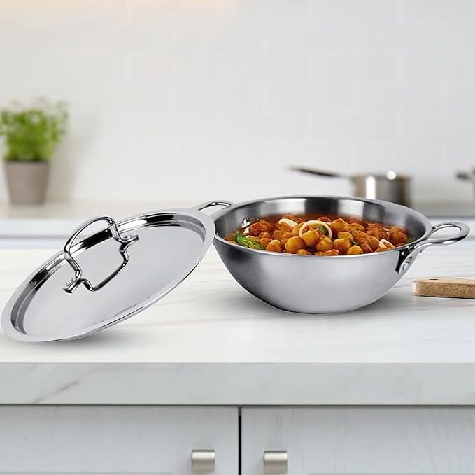Savya Home Triply Stainless Steel Kadai With Lid 20 Cm Diameter 1.6 L Capacity