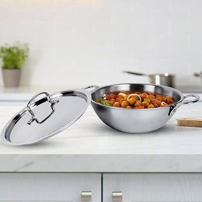 Savya Home Triply Stainless Steel Kadai With Lid 20 Cm Diameter 1.6 L Capacity