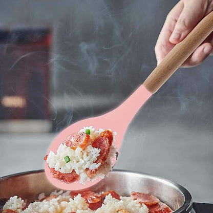 Woodtula Silicone Cooking Utensils Kitchen Utensil Set Heat Resistant Wooden Handles Pink