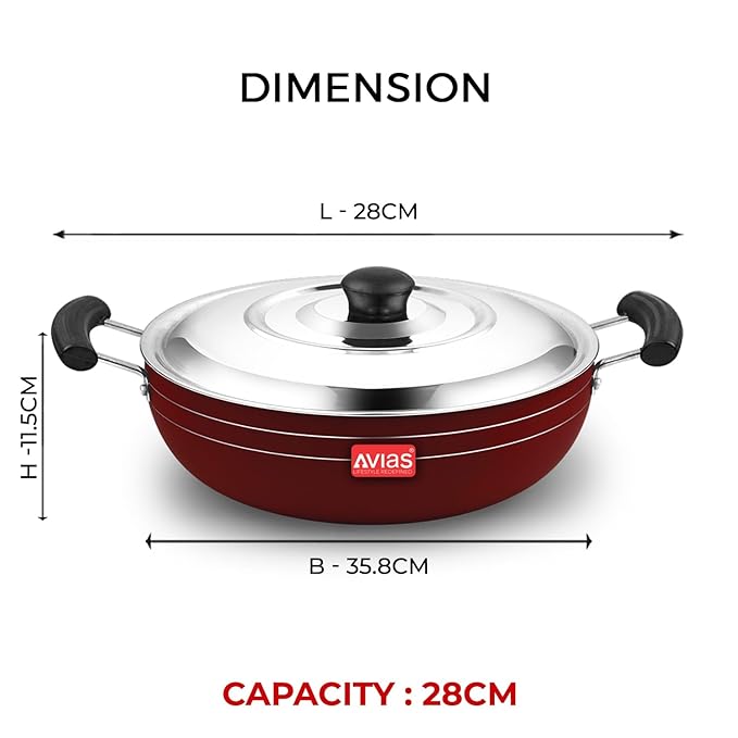 Avias Indiana Kadhai 28cm Nonstick Aluminium Kadhai with Stainless Steel Lid Bakelite Handles