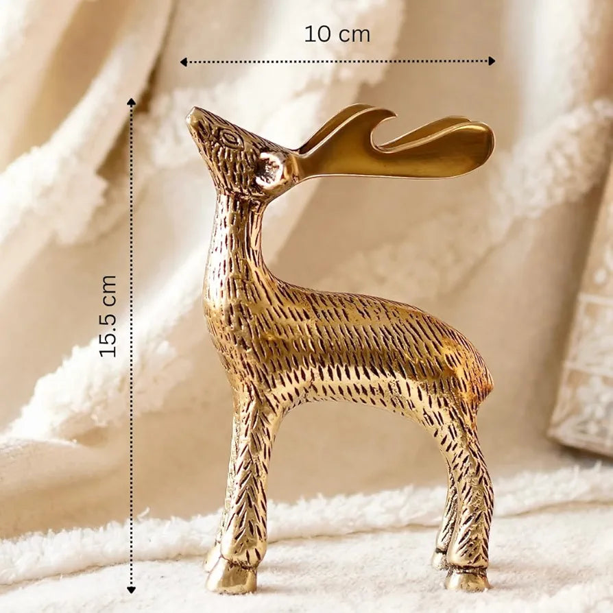 BEHOMA Antique Golden Aluminium Christmas Reindeer Figurine Statue 2 Pcs | Reindeer Showpiece for Tabletop, Bookshelf, Desktop, Cabinets, Valentine's Day 