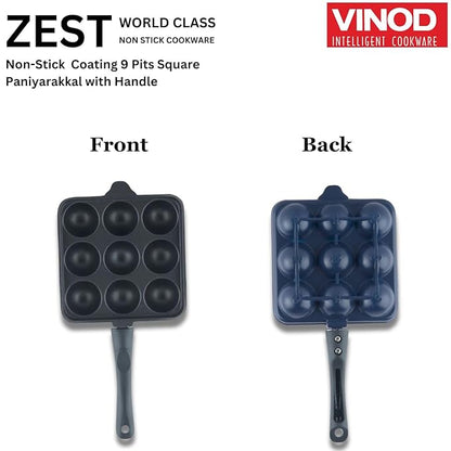 Vinod Aluminium Non Stick Kuzhi Paniyaram Pan | 9 Cups | 17.5cm | Paniyarakal | Appe Pan | Appam Patra | 3mm Thick | 3 Ply | Metal Spoon