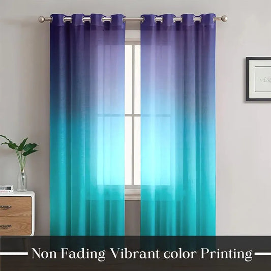 Homadorn Ombre Printed Linen Textured Sheer Curtains Purple + Teal Blue