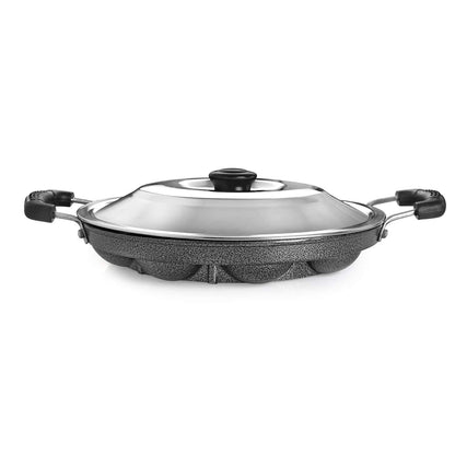 Cello Non-Stick 12 Cavity Appam Patra Kan with Stainless Steel Lid | 2 Side Handle | Appam Maker