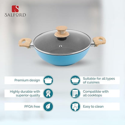 Salford by Ucook Forged Non-stick Kadhai + Glass Lid With Soft Touch Wooden Handle | Black Spatter Finish Dusty Blue | 260mm | 3.25 Litre