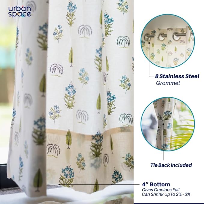 Urban Space Cotton Curtains for Door Set of 2 with Eyelets and TieBack (Colour Calico Blue)