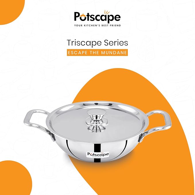 Potscape Triply Kadai with Lid 18 cm Capacity 1.3 Ltr Less Food Burns