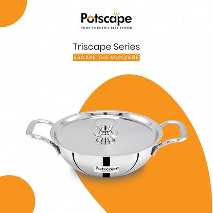 Potscape Triply Kadai with Lid 18 cm Capacity 1.3 Ltr Less Food Burns