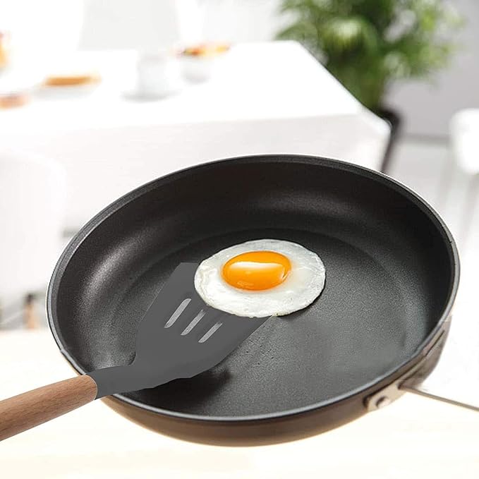 Woodtula Kitchen Silicone Slotted Turner with Wooden Handle Non-Stick Kitchen Utensil Tools Grey