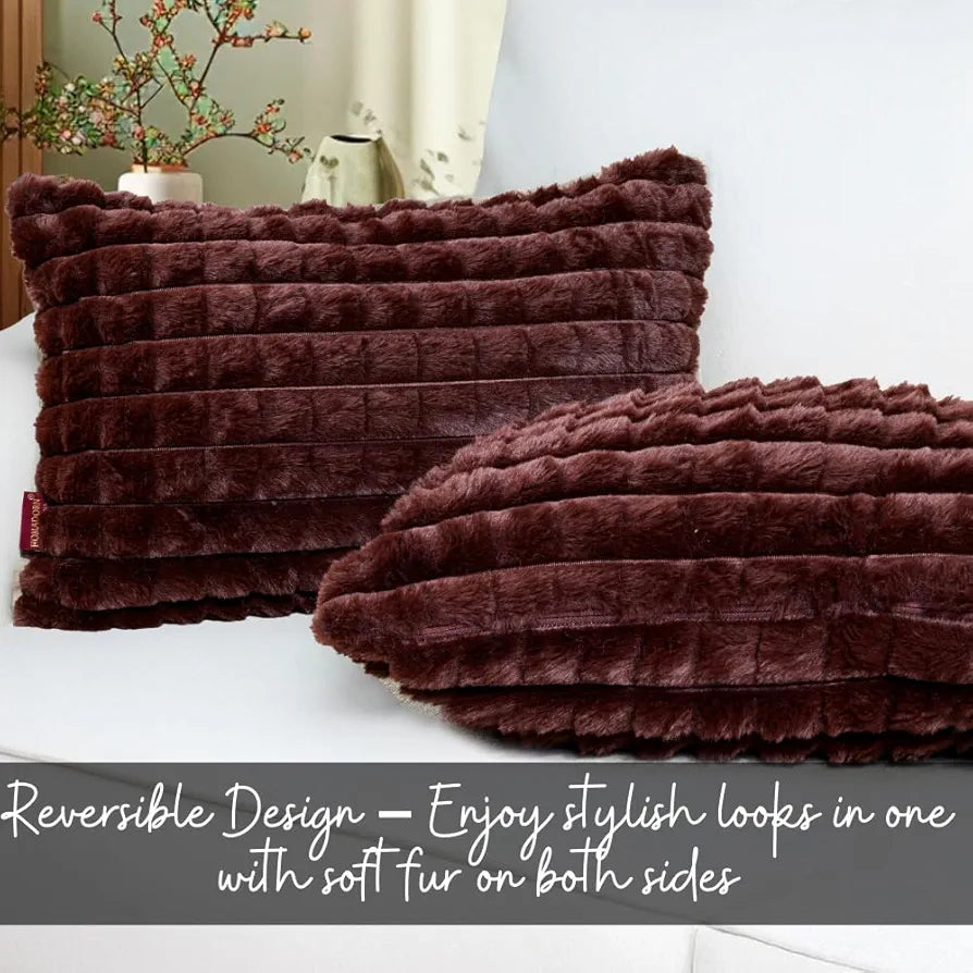 Homadorn Luxury Plush Fur Reversible Cushion Cover Ultra Soft & Cozy Brown