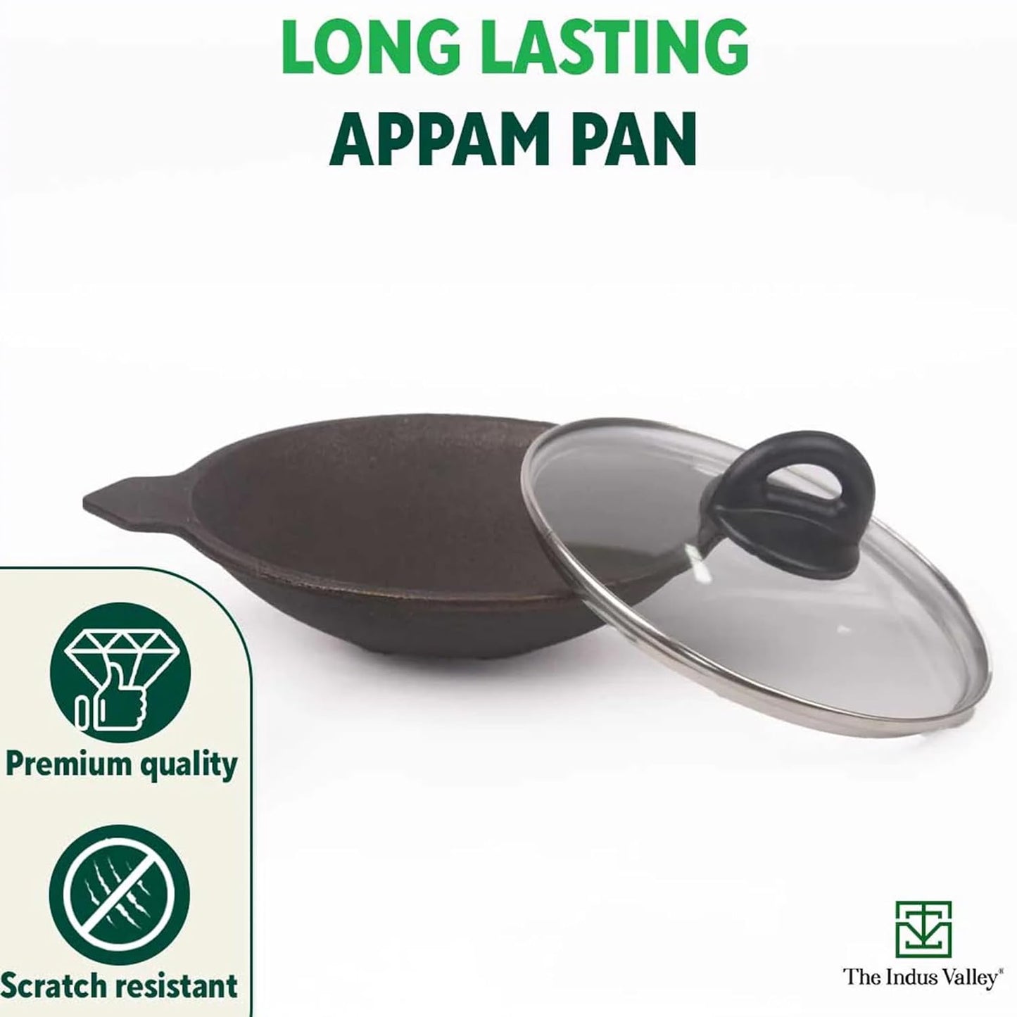The Indus Valley Pre-seasoned Cast Iron Appam Pan With Glass Lid | Gas Compatible | Nonstick Appam Pan