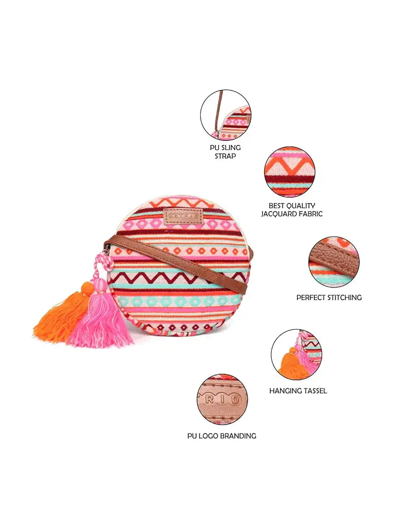 Astrid Round Textured Sling Bag For Girls With Zip Colour Maroon