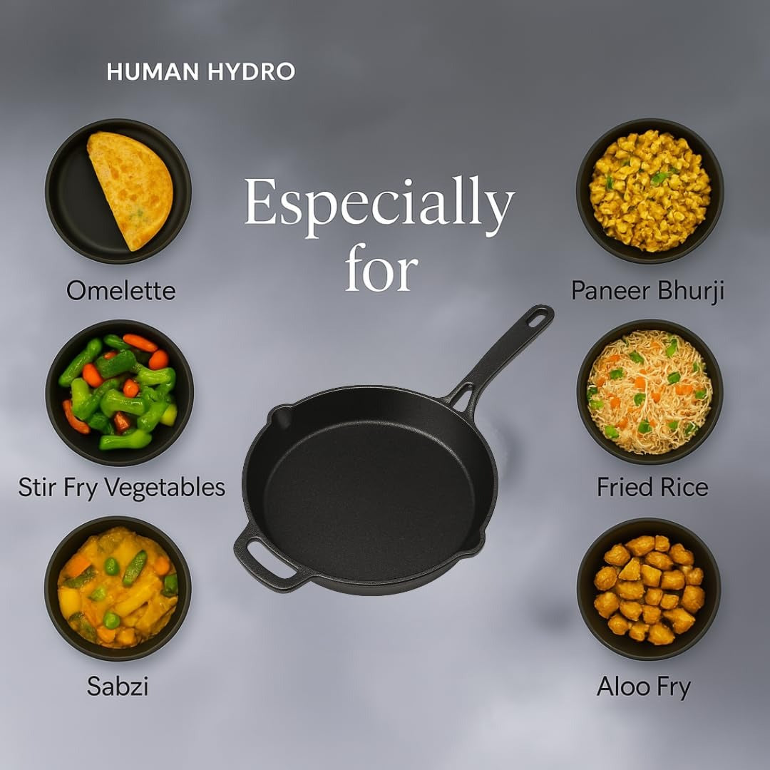 Human Hydro Pre-Seasoned Cast Iron Fry Pan 26cm 1.9kg with Wooden Spatula Naturally Nonstick Gas Induction