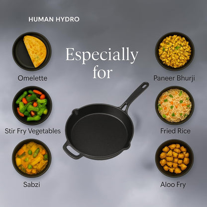 Human Hydro Pre-Seasoned Cast Iron Fry Pan 26cm 1.9kg with Wooden Spatula Naturally Nonstick Gas Induction