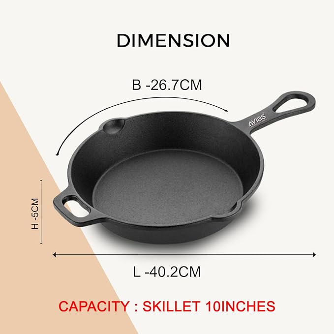 Avias Cast Iron Skillet with Handle Loha Deep Fry Pan 25cm 10 inches