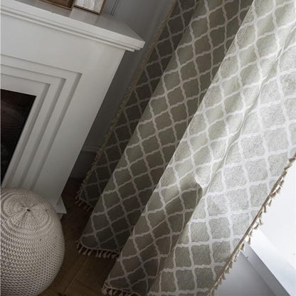 Huesland Cotton Curtains for Windows, 5 Feet Long 1 Bohemian Eyelet Curtain | Quatrefoil Dessert Sage