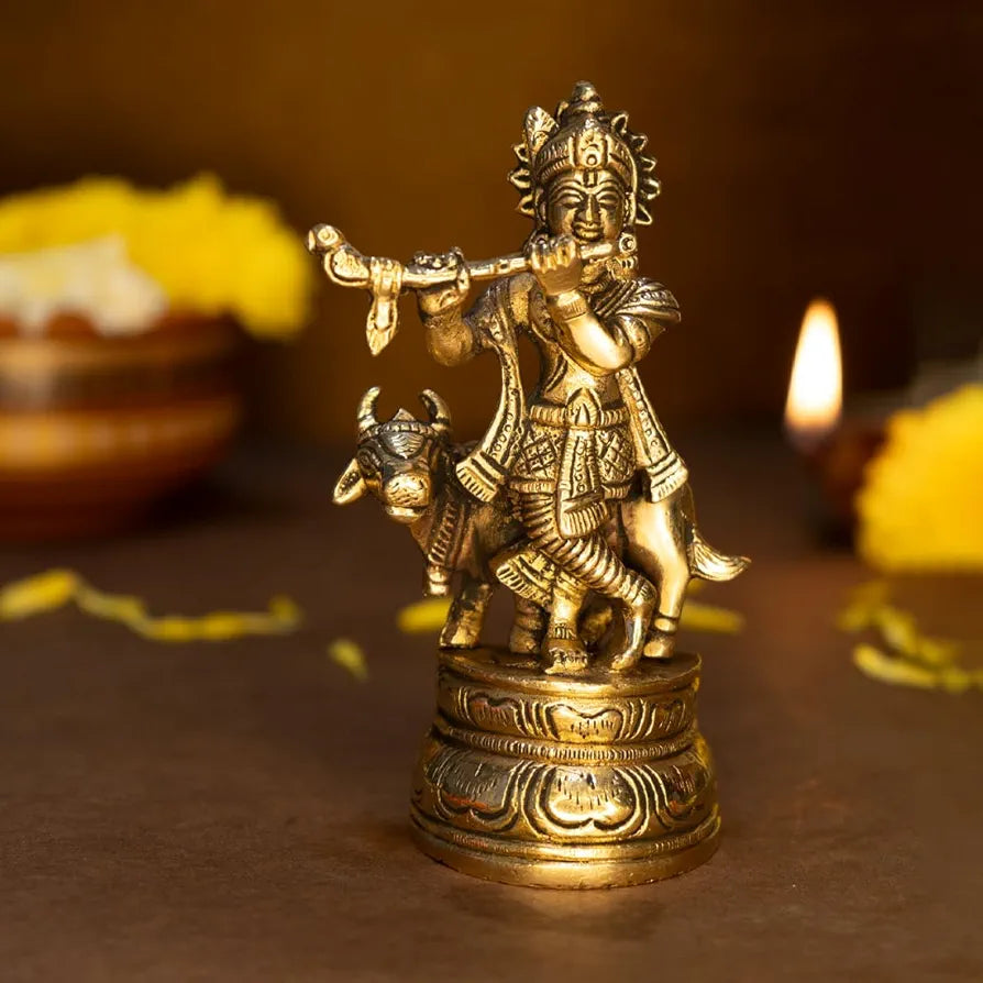 Ekhasa Pure Brass Lord Krishna Idol with Flute Shree Lord Krishna Statue Golden