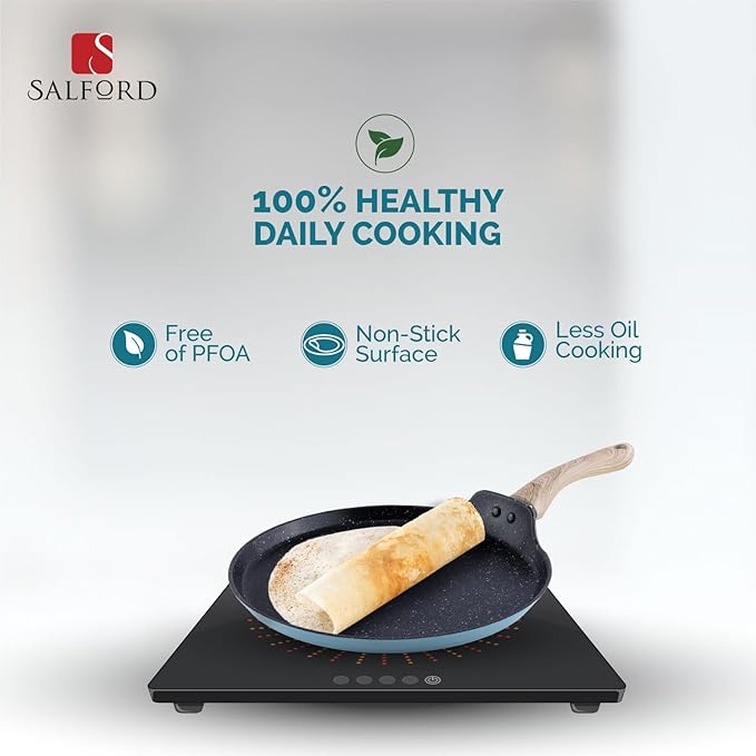 Salford by Ucook Forged Non-stick Tawa With Soft Touch Wooden Handle, Induction & Gas Ready | Black Spatter Dusty Blue | 280mm