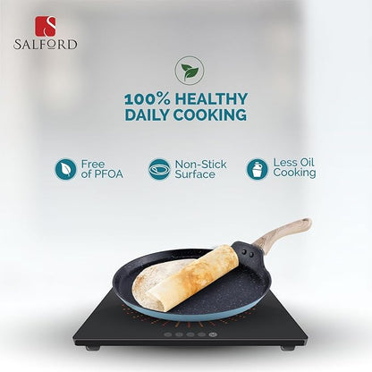 Salford by Ucook Forged Non-stick Tawa With Soft Touch Wooden Handle, Induction & Gas Ready | Black Spatter Dusty Blue | 260mm