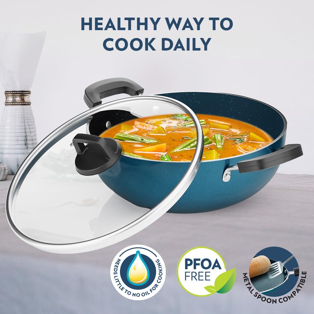 Borosil Prochef Non-stick Aluminum Kadhai With Lid 26 Cm | Gas Stove Compatible | Thick Uniform Body for Even Heating | Dishwasher Safe