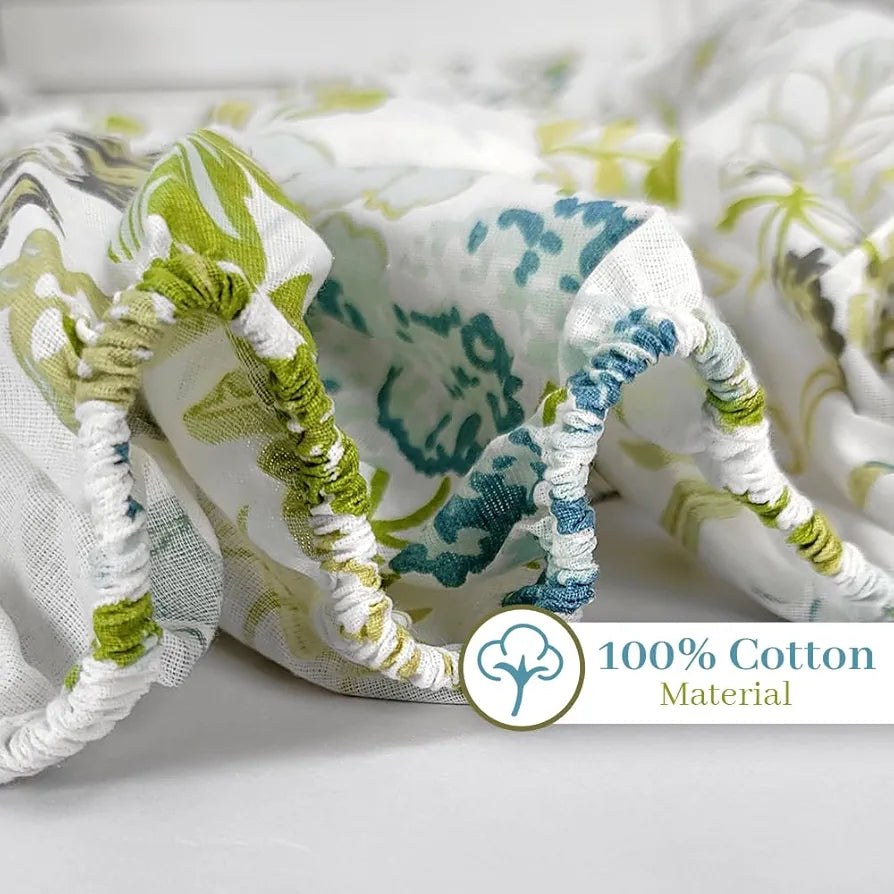 Divine Casa 100% Cotton Fitted Bedsheet Set for Single Bed 144 TC Single Bedsheet Set - Colour Floral Mineral Green