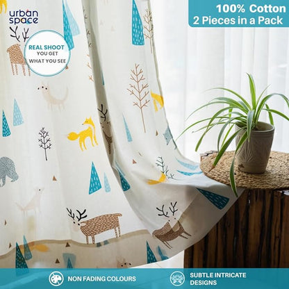 Urban Space Cotton Curtains for Door Set of 2 with Eyelets and TieBack (Colour Reindeer Multicolour)