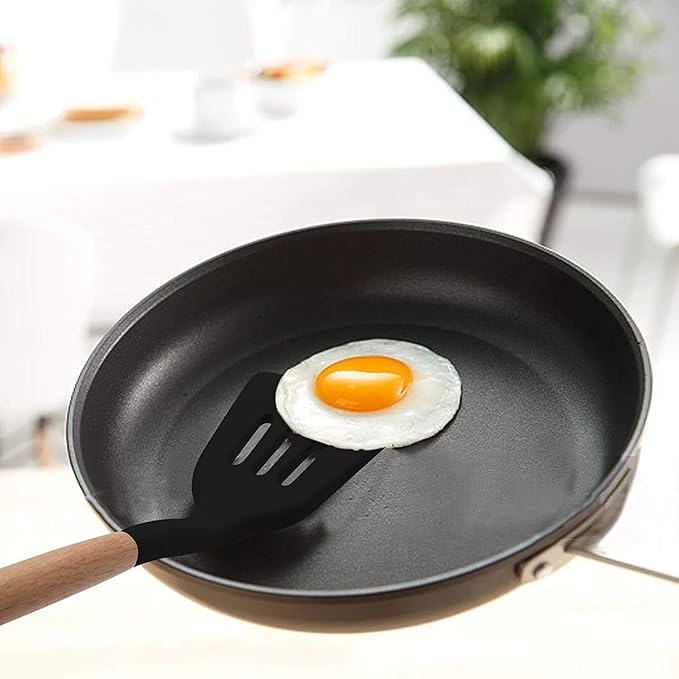 Woodtula Kitchen Silicone Slotted Turner with Wooden Handle Non-Stick Kitchen Utensil Tools Black