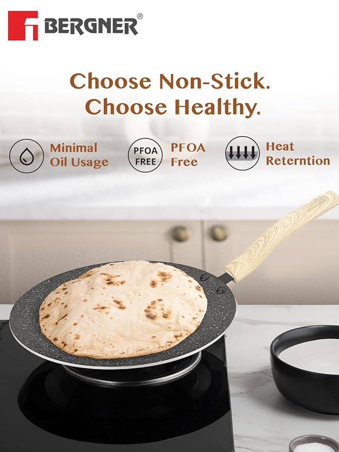 Bergner Earth Black Non-stick 26 Cm Concave Tawa | Wooden Finish Soft Touch Handle | 3mm Thickness | Consumes Less Oil
