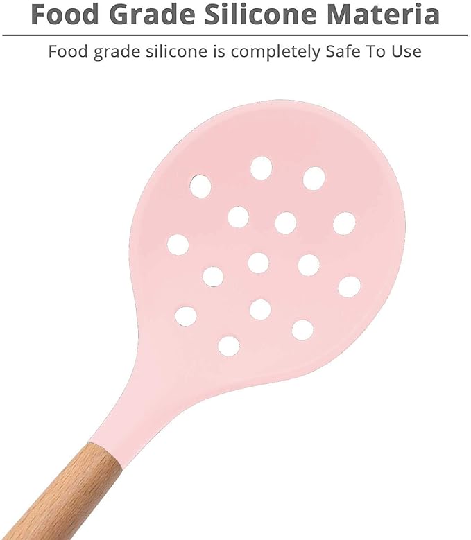 Woodtula Kitchen Silicone Slotted Skimmer with Good Grips Ergonomics Kitchen Cooking Baking Pink