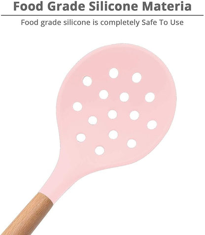 Woodtula Kitchen Silicone Slotted Skimmer with Good Grips Ergonomics Kitchen Cooking Baking Pink
