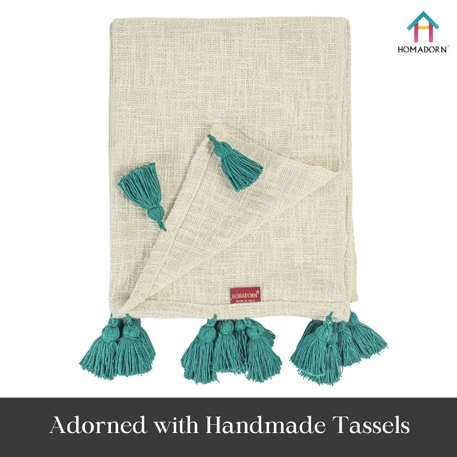 Homadorn TC 250 100% Cotton Off White Throw Blanket with Handmade Colorful Tassel Colour Bottle Green