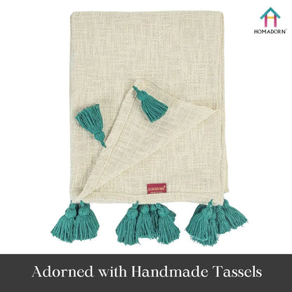 Homadorn TC 250 100% Cotton Off White Throw Blanket with Handmade Colorful Tassel Colour Bottle Green