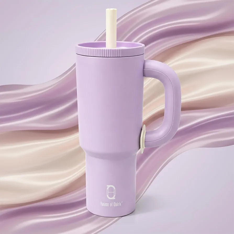 House of Quirk 1200ml Stainless Steel Tumbler with Handle, Straw & Straw Cap | Leakproof Water Bottle | Large Capacity Travel Mug 