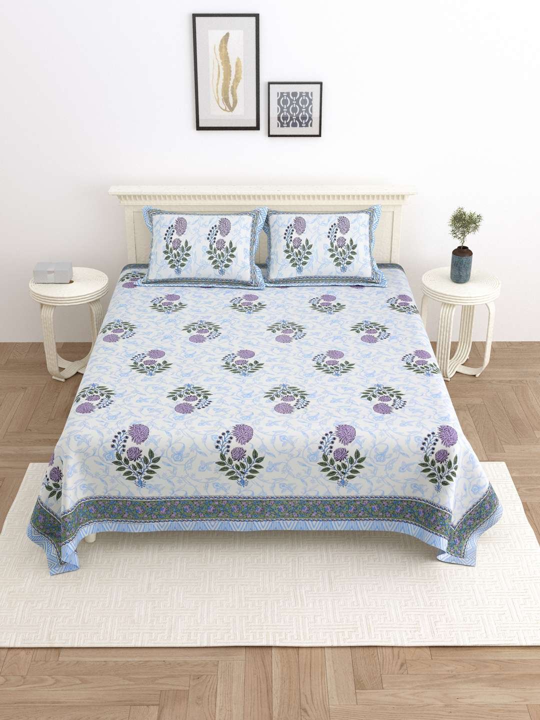 100% Pure Cotton Traditional Printed Bedsheet for Double Bed King Size Bedsheet with 2 Pillow Covers