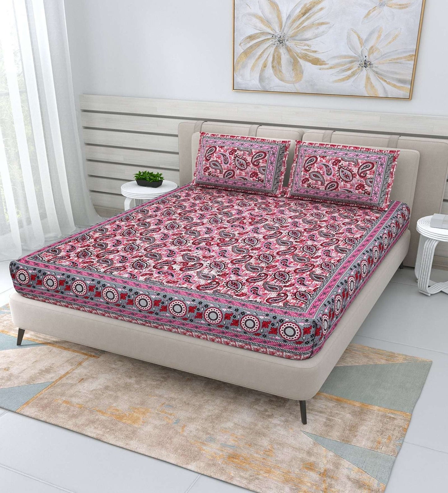 100% Pure Cotton Traditional Printed Bedsheet for Double Bed King Size Bedsheet with 2 Pillow Covers