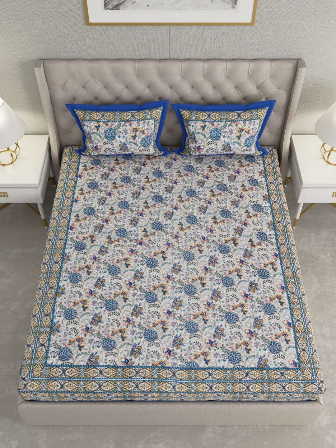 100% Pure Cotton Traditional Printed Bedsheet for Double Bed King Size Bedsheet with 2 Pillow Covers