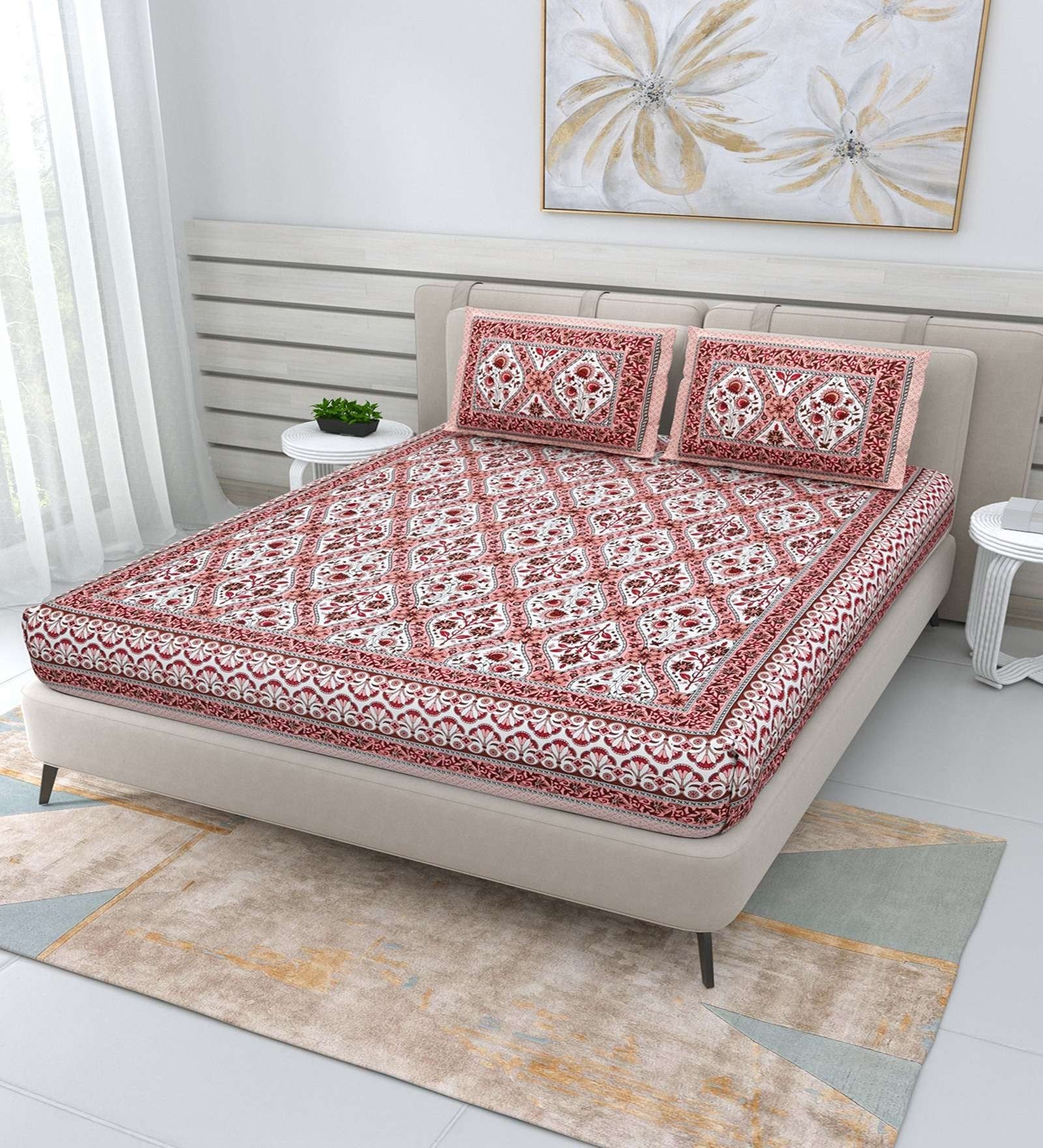 100% Pure Cotton Traditional Printed Bedsheet for Double Bed King Size Bedsheet with 2 Pillow Covers