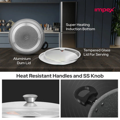 Impex RDBP8 10L Dum Biryani Pot Aluminium PFOA-Free Tempered Glass Lid Induction Compatible Grey