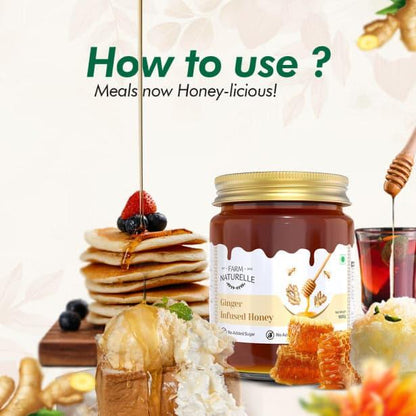 Ginger Infused Honey | 100% Pure Honey | Wooden Spoon| Raw, Natural, Unprocessed & Unheated Honey | Lab Tested Honey in Glass Bottle.