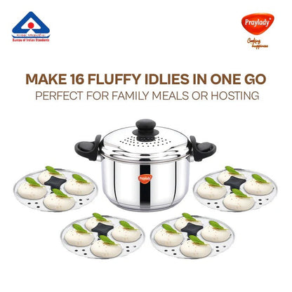 PrayLady Strainer Pro Max 4.2L 304 Grade SS Multi-Purpose Pot with Glass Lid Triply Bottom Idli Cooker 4 Plates Induction Gas