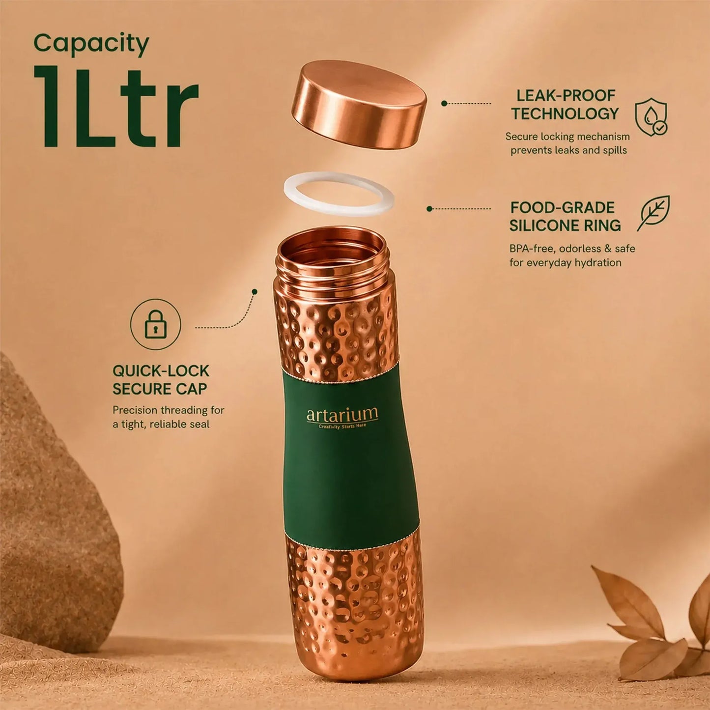Artarium Eco-Friendly Copper Water Bottle 1L Plain Finish
