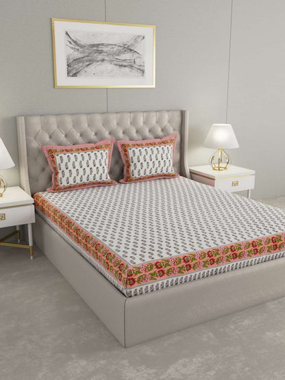 100% Pure Cotton Traditional Printed Bedsheet for Double Bed King Size Bedsheet with 2 Pillow Covers