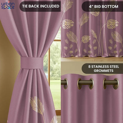 Urban Space Blackout Curtains for Living Room, Gold Foil Printed Luxurious Blackout Decorative Door Curtain Eyelet with Tieback 1 Piece Aurika Mauve Colour