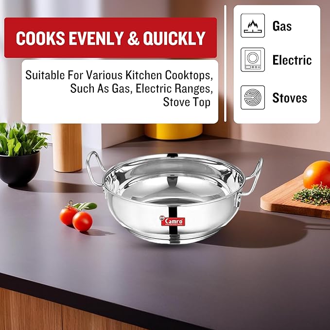 Camro Kadhai Induction Bottom 3.1 Liters Whithout Lid Steel Stainless Kadhai for Deep Frying