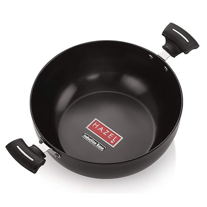 Hazel 3 mm Hard Anodised Kadai Deep Aluminium Anodized Frying Kadhai 3500 ml 24 cm, Black