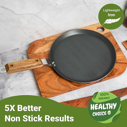 Femora 10 Inchs Iron Flat Tawa With Wooden Handle | Tawa for Roti