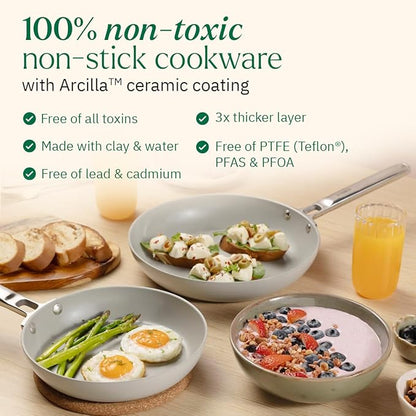 Ember Cookware Arcilla Ceramic Non-stick Egg Pan 20cm | Glass Lid | Stainless Steel Handle | Blue