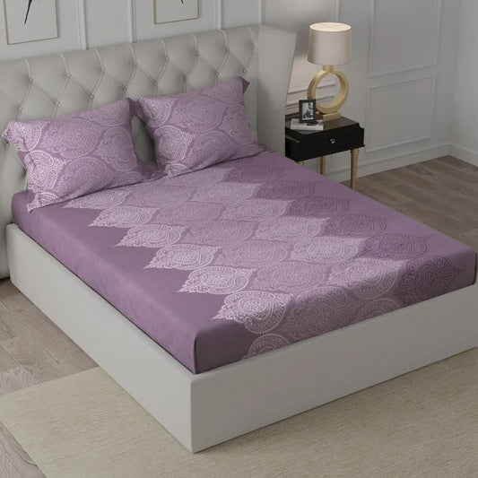 Cloth Fusion Glace Cotton Elastic 186tc Printed Fitted Bedsheet for Double Bed King Size with 2 Pillow Covers Ogee Lavender