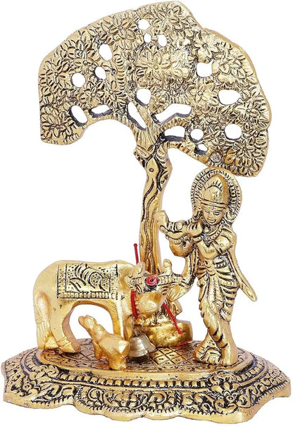 Chhariya Crafts Metal Krishna With Kamdhenu Cow Standing Under Tree Plying Flute